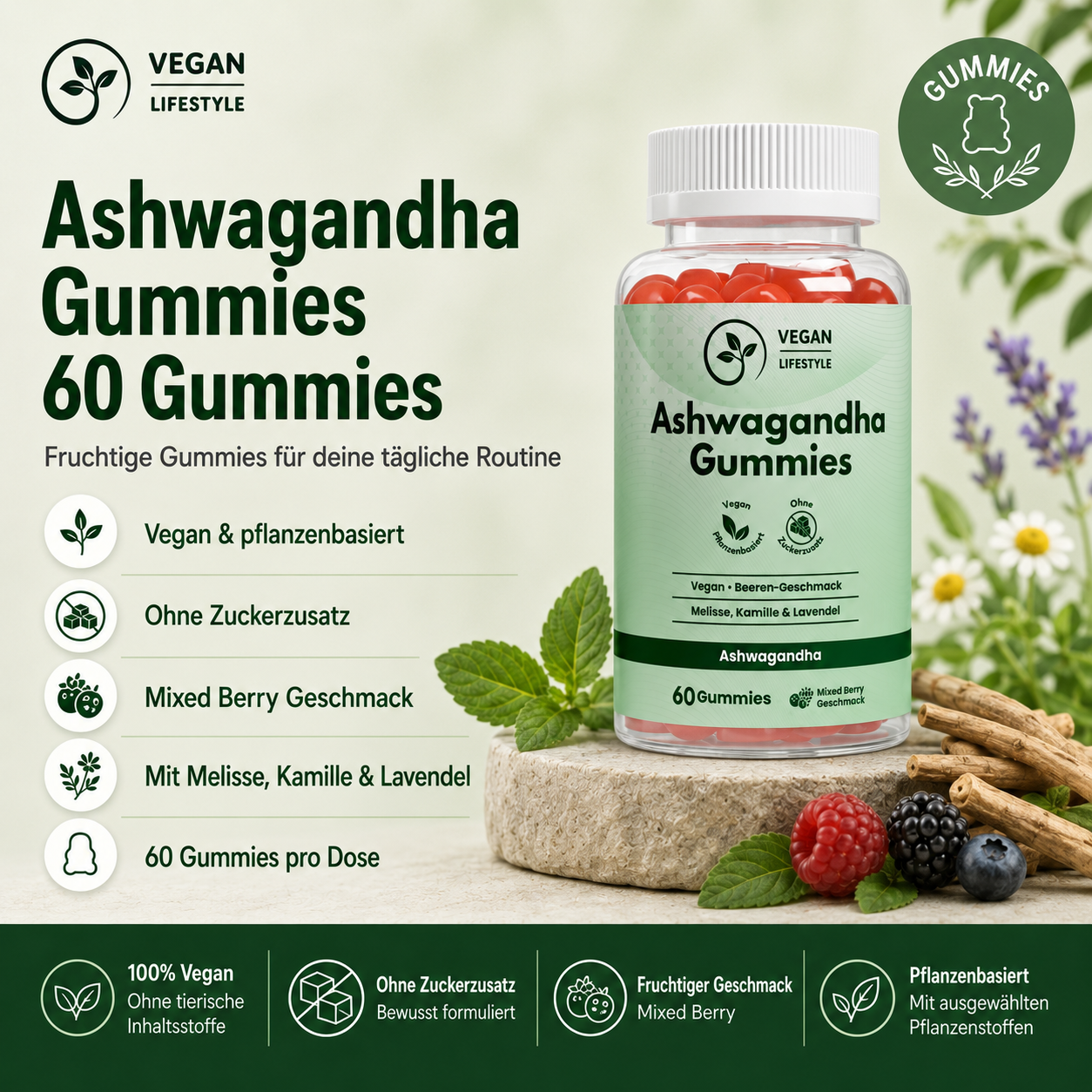 Premium Ashwagandha Gummies + Vitamin B6,- 60 Stk - vegan