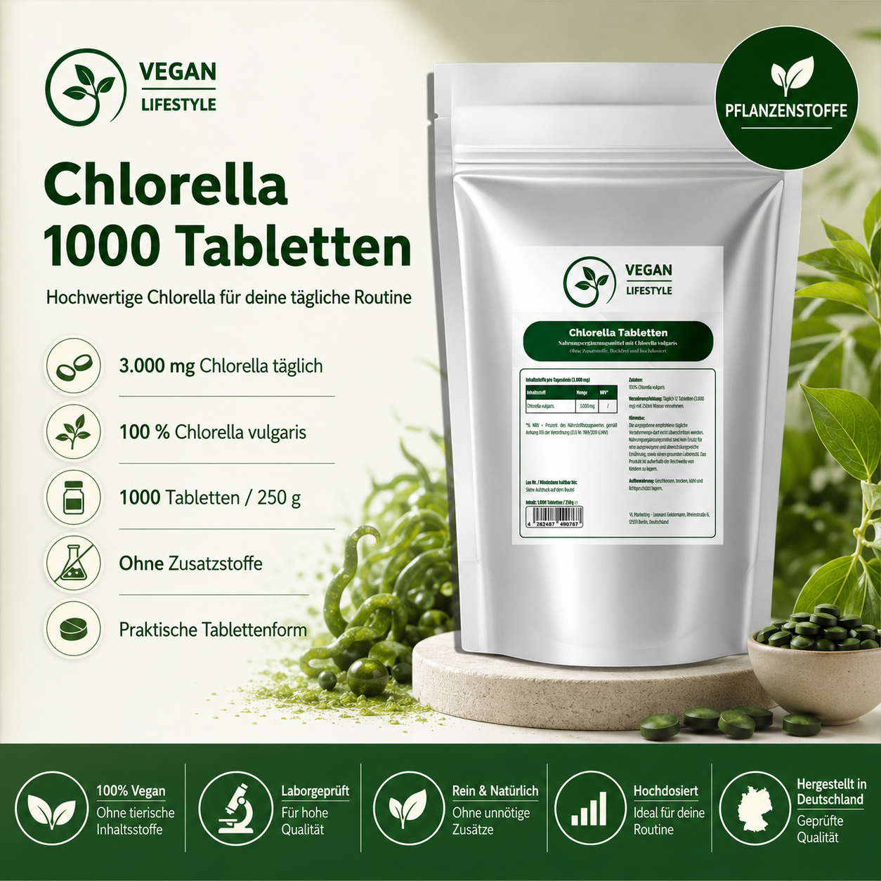 Chlorella - 1000 Tabletten - vegan
