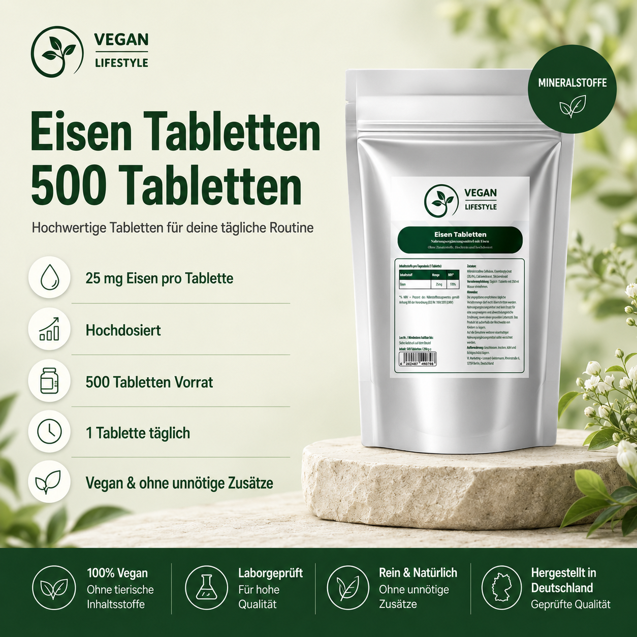25mg Eisen Bisglycinat - 500 Tabletten - vegan
