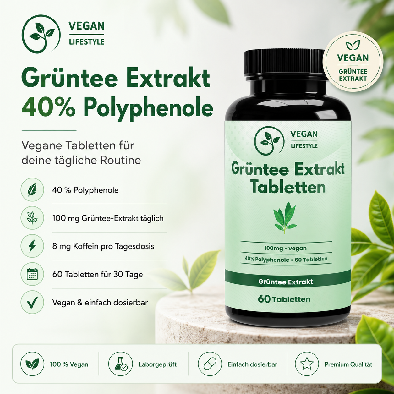 Grüntee Extrakt 40% Polyphenole - 60  Tabletten - vegan