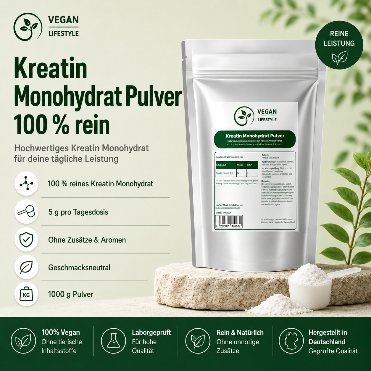 Kreatin Monohydrat - 1000g Doypack - vegan