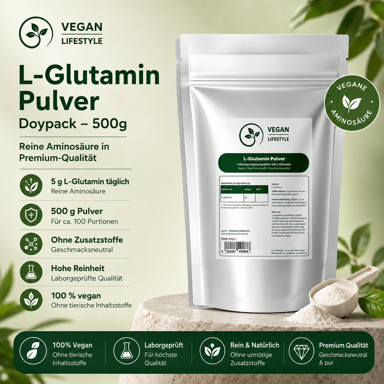 L-Glutamin Pulver Doypack - 500g