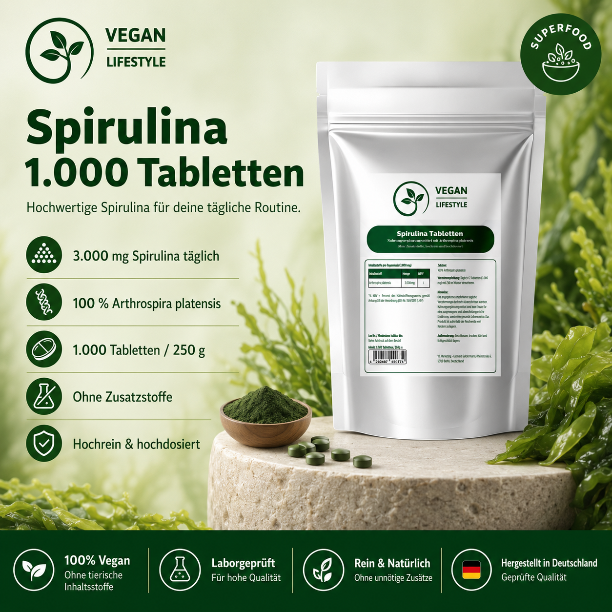 Spirulina - 1.000 Tabletten - vegan