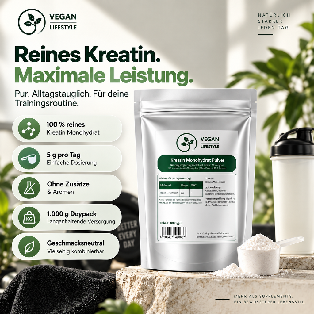 Vegan Lifestyle Kreatin Monohydrat im 1.000-g-Doypack mit neutralem Shaker, Pulver und Übersicht zu Zusammensetzung, Tagesportion und Geschmack.