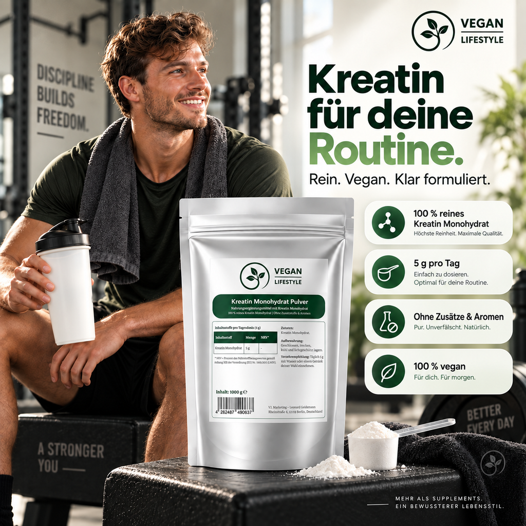 Vegan Lifestyle Kreatin Monohydrat im 1.000-g-Doypack mit Sportler im Fitnessstudio und Informationen zu Reinheit, Tagesportion und veganer Rezeptur.