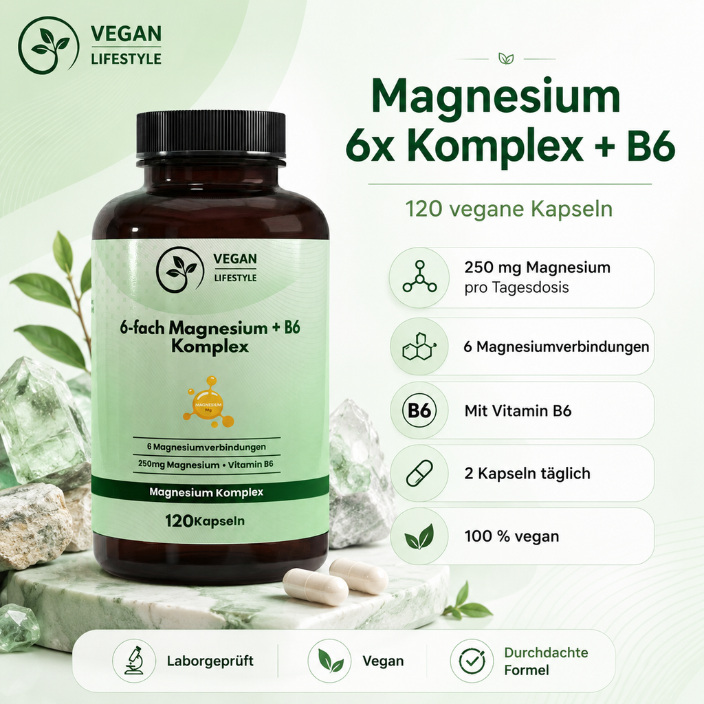 Magnesium 6x Komplex + B6 - 120 vegane Kapseln