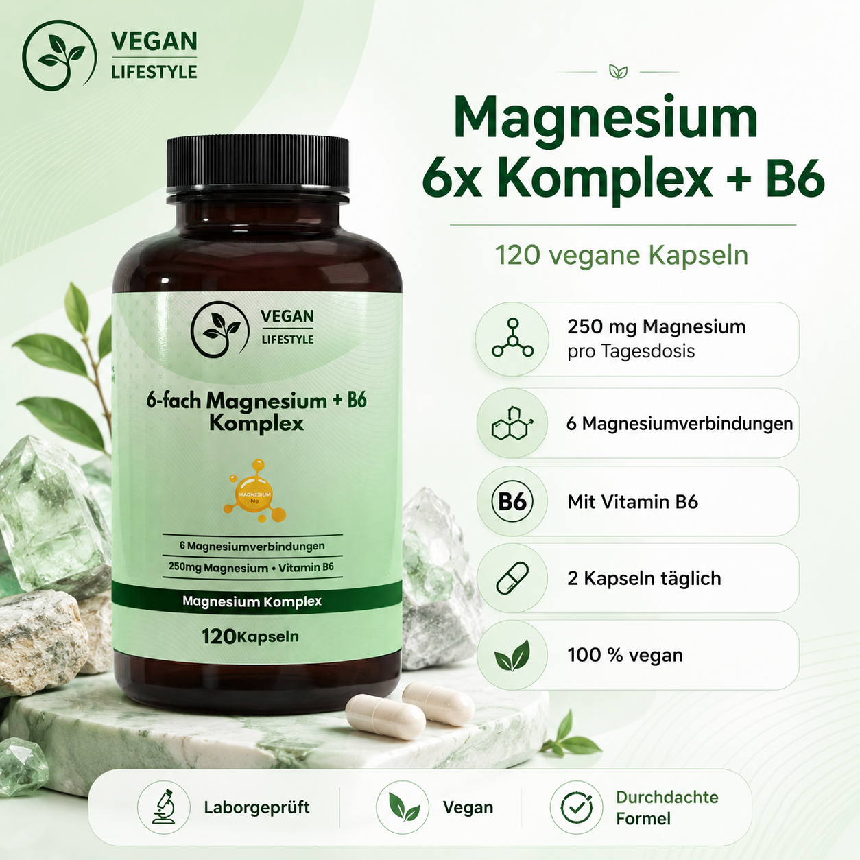 Magnesium 6x Komplex + B6 - 120 vegane Kapseln