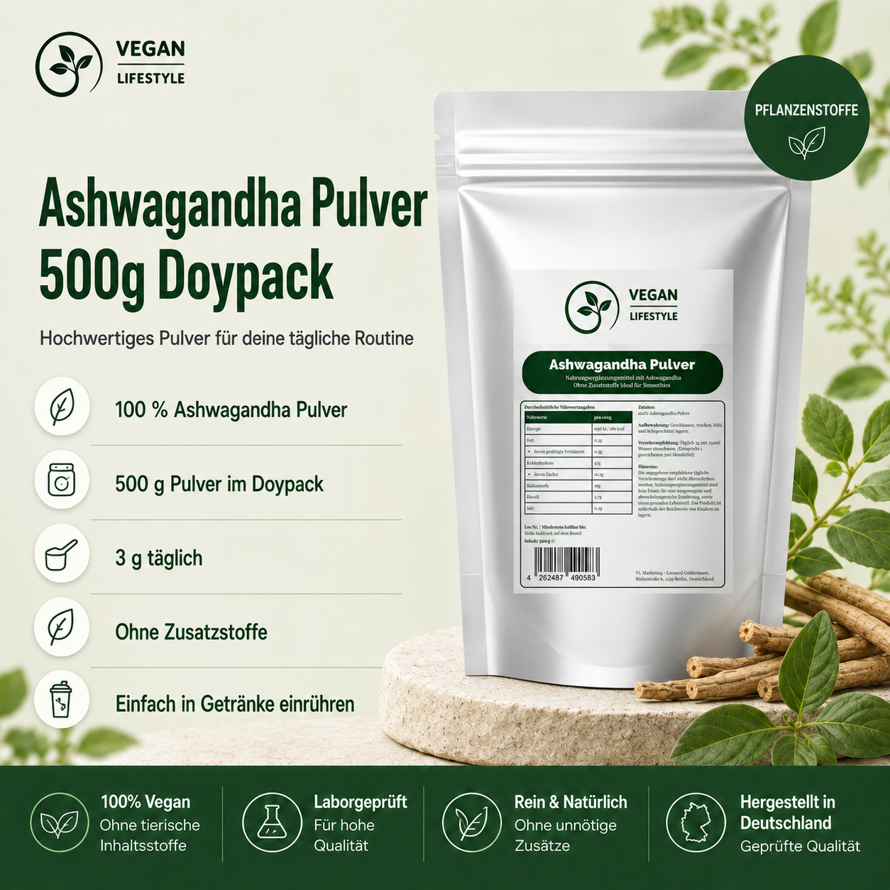 Ashwagandha Pulver - 500g Doypack- vegan