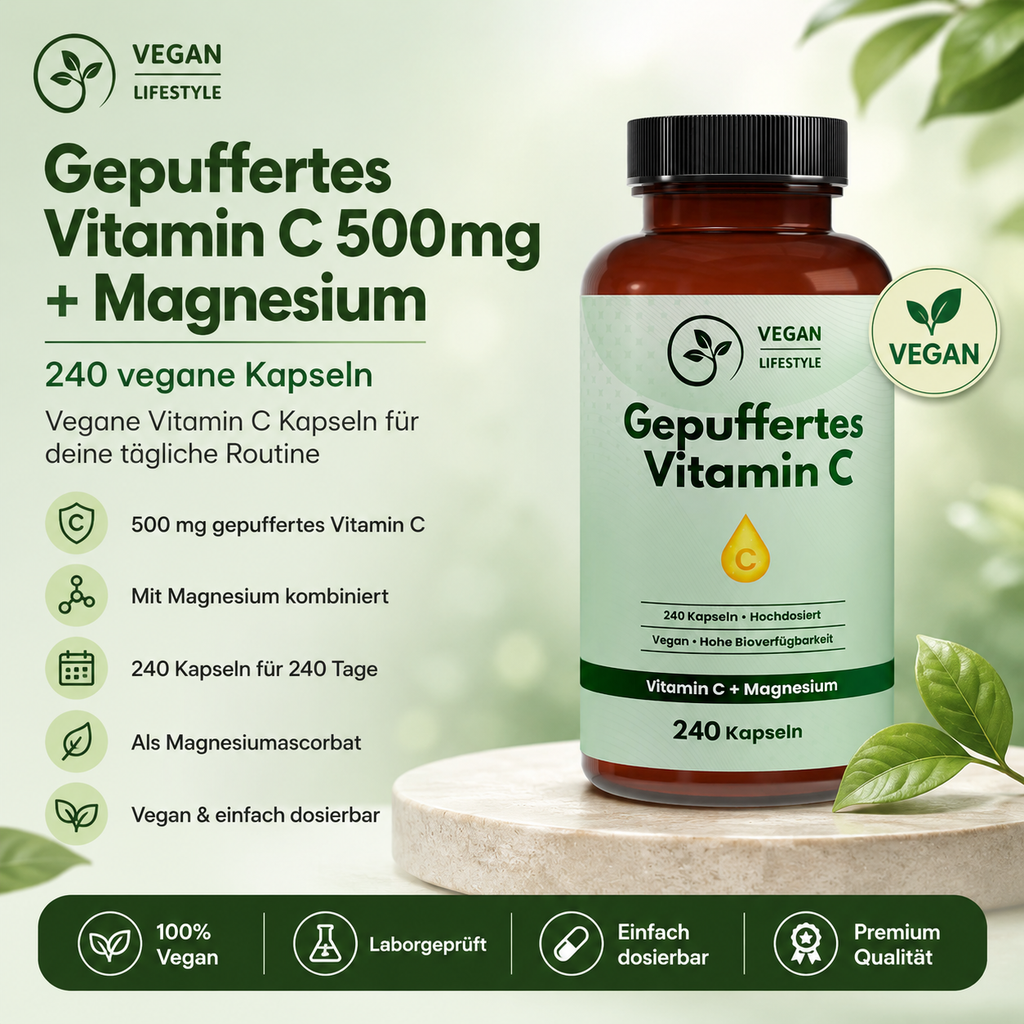 Gepuffertes Vitamin C 500mg + Magnesium - 240 vegane  Kapseln