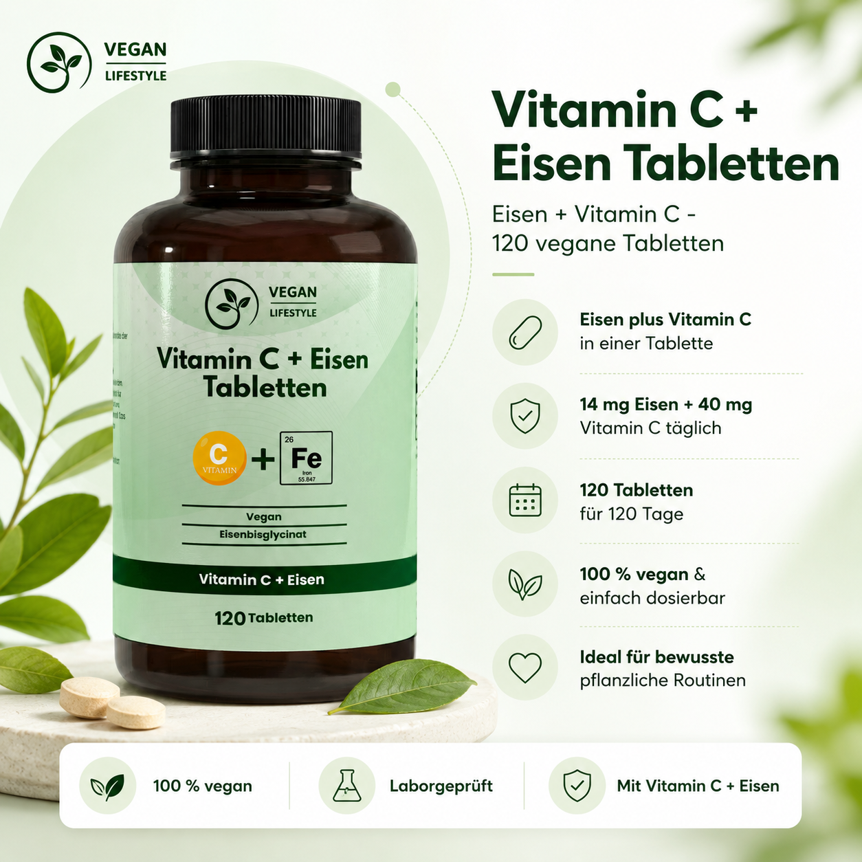 Eisen + Vitamin C - 120 vegane Tabletten