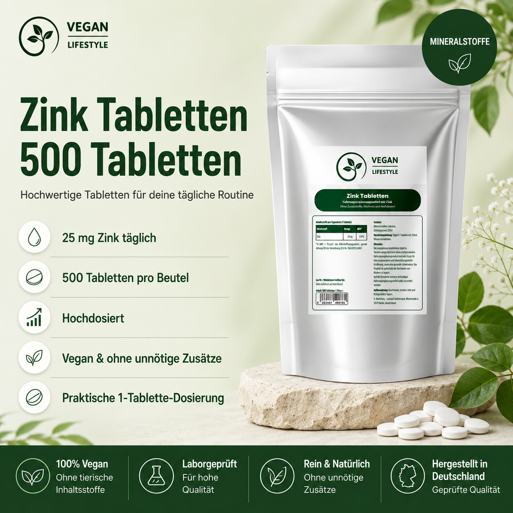 25mg Zink Bisglycinat - 500 Tabletten - vegan