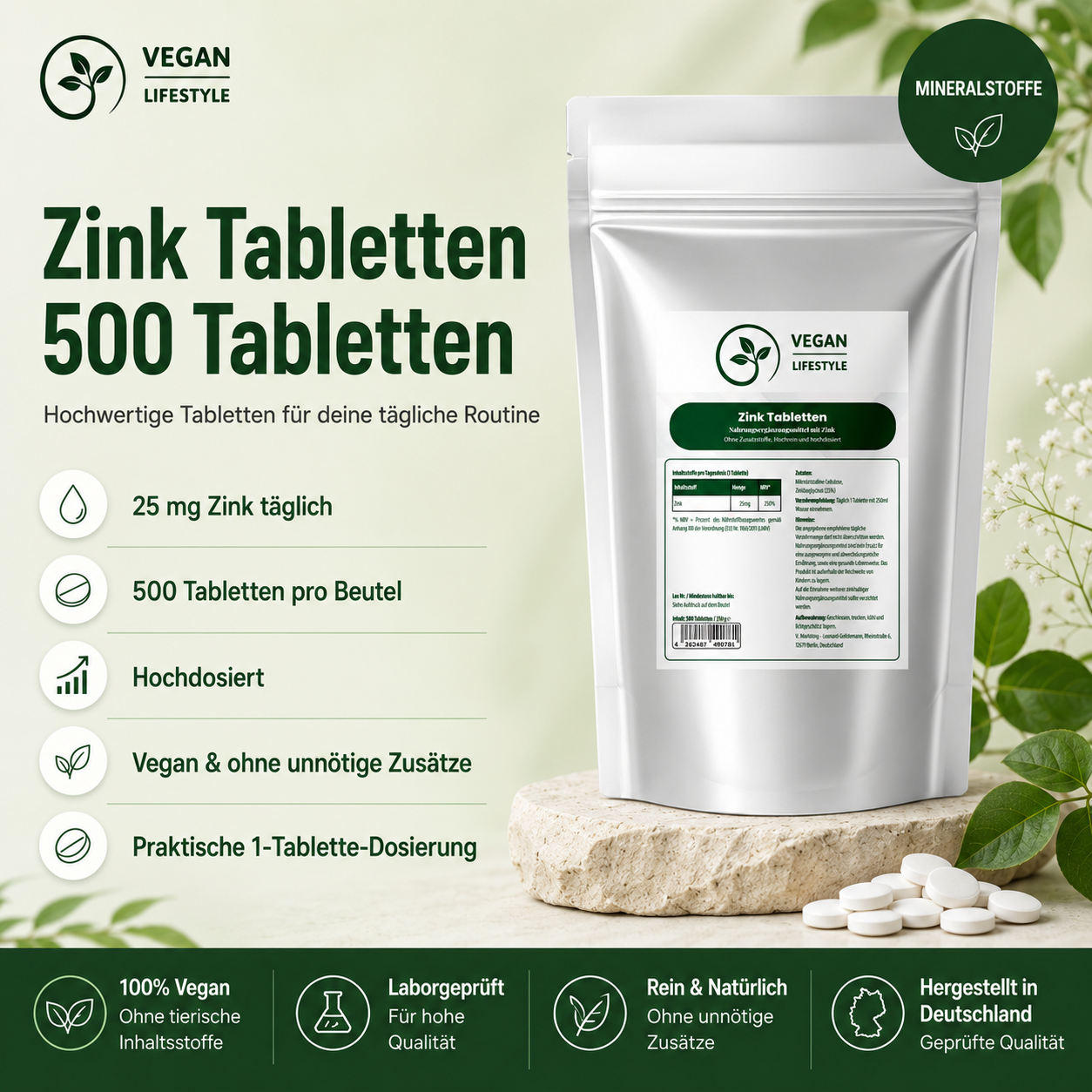 25mg Zink Bisglycinat - 500 Tabletten - vegan